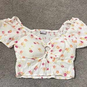 SO White Floral Puff Sleeve Crop Top with Pink & Yellow Flowers